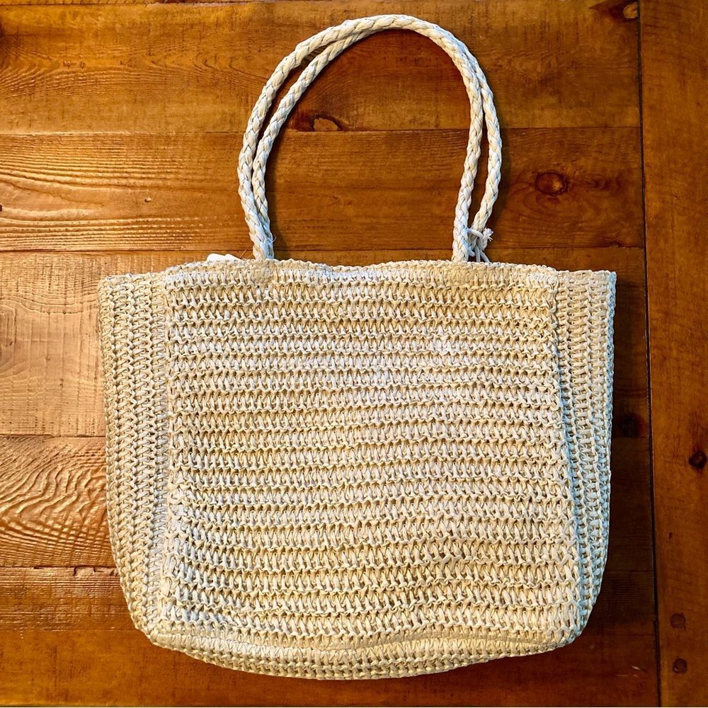 NEW Studio Collection Rattan Straw Tote Bag Purse Orange Charm Natural 18" x 14" - Picture 8 of 11